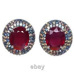 10 X 11 MM. Red Heated-Ruby & Fancy-Sapphire Earrings 925 Sterling Silver