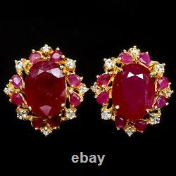 10 X 15 MM Red With Pink Heated-Ruby & White Cambodia-Zircon Earrings 925 Silver