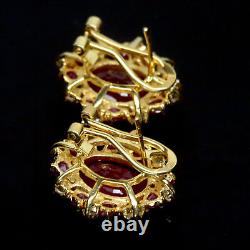 10 X 15 MM Red With Pink Heated-Ruby & White Cambodia-Zircon Earrings 925 Silver