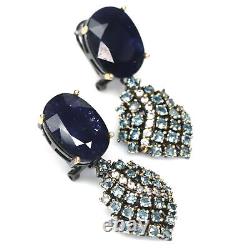 11 X 16 MM. Oval With Round Blue Heated-Sapphire & Zircon Earrings 925 Silver