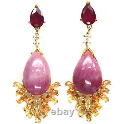 11 X 16 MM. Pink Heated-Ruby Sapphire & Zircon Drop Earrings 925 Silver