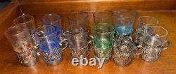 12 Antique Sterling Silver Glass Tea Cup Holders 9 withoriginal Crystal Liners