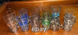 12 Antique Sterling Silver Glass Tea Cup Holders 9 withoriginal Crystal Liners