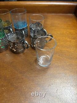 12 Antique Sterling Silver Glass Tea Cup Holders 9 withoriginal Crystal Liners
