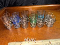 12 Antique Sterling Silver Glass Tea Cup Holders 9 withoriginal Crystal Liners
