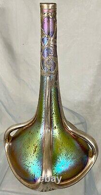 12 Signed Loetz Austria Candia Silberiris Vase Alvin Sterling Silver Overlay