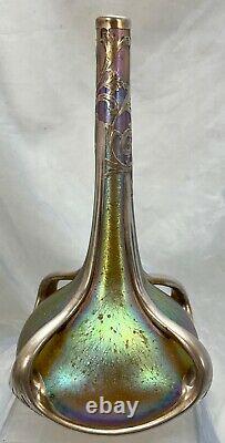 12 Signed Loetz Austria Candia Silberiris Vase Alvin Sterling Silver Overlay