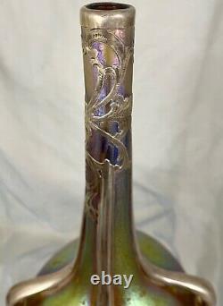 12 Signed Loetz Austria Candia Silberiris Vase Alvin Sterling Silver Overlay