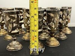 12 Vintage Sterling Silver overlay Cordial / Shot Glasses Mexico, 3 1/2