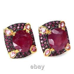 12 X 13 MM Oval With Round Red Heated Ruby & Pink Tourmaline Earrings 925 Silver
