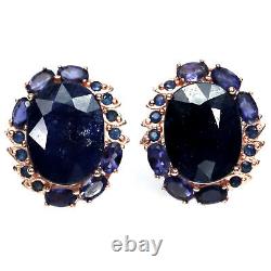 12 X 15 MM. Oval With Round Blue Heated-Sapphire & Iolite Earrings 925 Silver