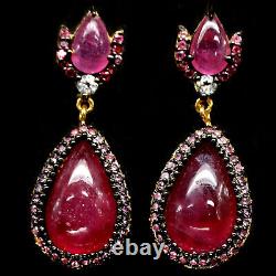 12 X 19 MM. Pear Cabochon Red Heated Rouby Sapphire & Zircon Earrings 925 Silver