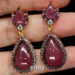 12 X 19 MM. Pear Cabochon Red Heated Rouby Sapphire & Zircon Earrings 925 Silver