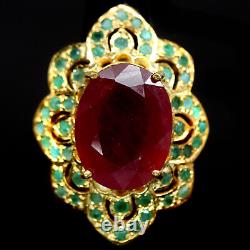 13 X 17 MM. Oval Red Heated Ruby & Green Unheated Emerald Ring 925 Silver