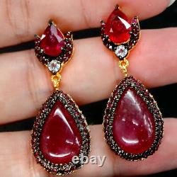 13 X 20 MM. Pear Cabochon Red Heated Ruby, Topaz & Zircon Earrings 925 Silver