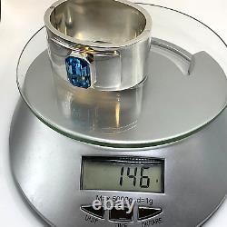 146 G Sterling Silver Mexico Clamper Cuff Emerald Cut Blue Glass Stone 6.75
