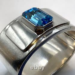146 G Sterling Silver Mexico Clamper Cuff Emerald Cut Blue Glass Stone 6.75