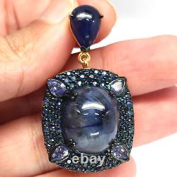 14 X 16 MM. Oval Cabochon & Round Blue Heated Sapphire Pendant 925 Silver