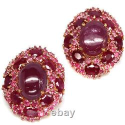 14 X 17 MM. Oval Cabochon Red Heated Ruby & Pink Sapphire Earrings 925 Silver
