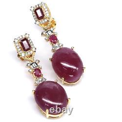 15 X 17 MM. Cabochon Red Heated-Ruby & White Cambodia-Zircon Earrings 925 Silver