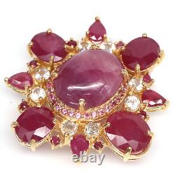 15 X 20 MM. Oval Cabochon Red Heated-Ruby Sapphire & Topaz Brooch 925 Silver