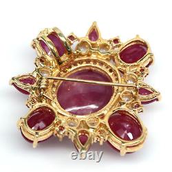 15 X 20 MM. Oval Cabochon Red Heated-Ruby Sapphire & Topaz Brooch 925 Silver