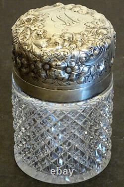 1800's Antique STERLING SILVER English CUT GLASS Bath Salts DRESSER JAR