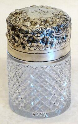 1800's Antique STERLING SILVER English CUT GLASS Bath Salts DRESSER JAR