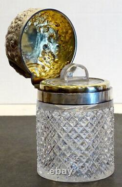 1800's Antique STERLING SILVER English CUT GLASS Bath Salts DRESSER JAR