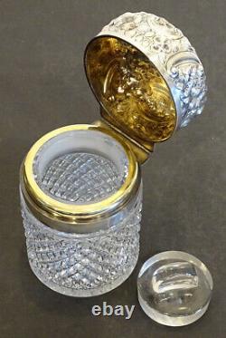 1800's Antique STERLING SILVER English CUT GLASS Bath Salts DRESSER JAR