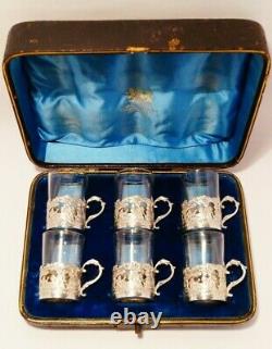 1890 Cased set of 6 Sterling Silver & Glass Whiskey Tots Atkin Brothers