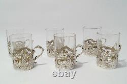 1890 Cased set of 6 Sterling Silver & Glass Whiskey Tots Atkin Brothers