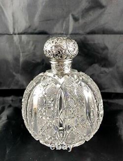 1890 London Brockwell Sterling Silver Repousse&Cut Glass Large Cologne Bottle