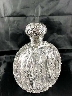 1890 London Brockwell Sterling Silver Repousse&Cut Glass Large Cologne Bottle