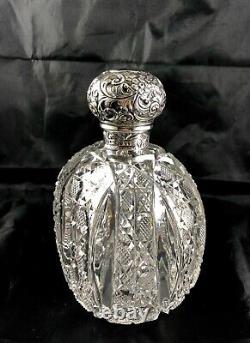 1890 London Brockwell Sterling Silver Repousse&Cut Glass Large Cologne Bottle