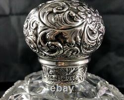 1890 London Brockwell Sterling Silver Repousse&Cut Glass Large Cologne Bottle