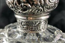 1890 London Brockwell Sterling Silver Repousse&Cut Glass Large Cologne Bottle