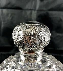 1890 London Brockwell Sterling Silver Repousse&Cut Glass Large Cologne Bottle