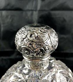 1890 London Brockwell Sterling Silver Repousse&Cut Glass Large Cologne Bottle