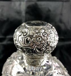 1890 London Brockwell Sterling Silver Repousse&Cut Glass Large Cologne Bottle