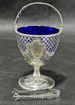 1895 Sterling Silver Swing Handle & Cobalt Glass Sugar Bowl With Tongs