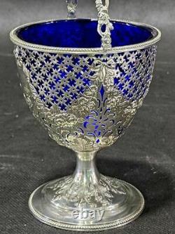 1895 Sterling Silver Swing Handle & Cobalt Glass Sugar Bowl With Tongs
