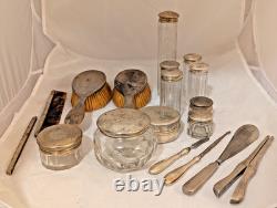 18pc Sterling Silver Vanity set withBrushes, Glass Jars, Glove Stretcher, 322g +
