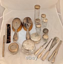 18pc Sterling Silver Vanity set withBrushes, Glass Jars, Glove Stretcher, 322g +