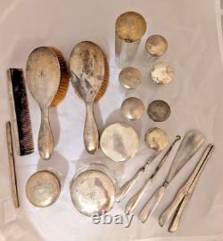 18pc Sterling Silver Vanity set withBrushes, Glass Jars, Glove Stretcher, 322g +