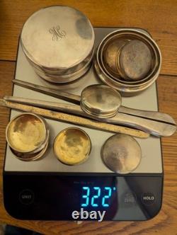 18pc Sterling Silver Vanity set withBrushes, Glass Jars, Glove Stretcher, 322g +