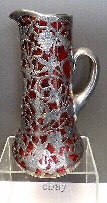 1910 Alvin Sterling Silver Overlay Ruby Glass Pitcher 10 1/2