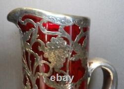 1910 Alvin Sterling Silver Overlay Ruby Glass Pitcher 10 1/2