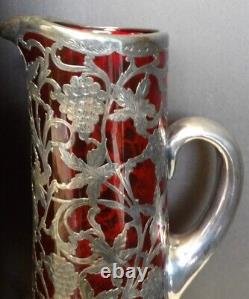 1910 Alvin Sterling Silver Overlay Ruby Glass Pitcher 10 1/2