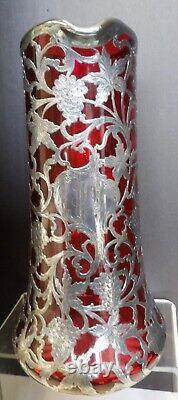 1910 Alvin Sterling Silver Overlay Ruby Glass Pitcher 10 1/2